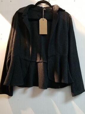 Black Textured Open-Front Peplum Jacket
